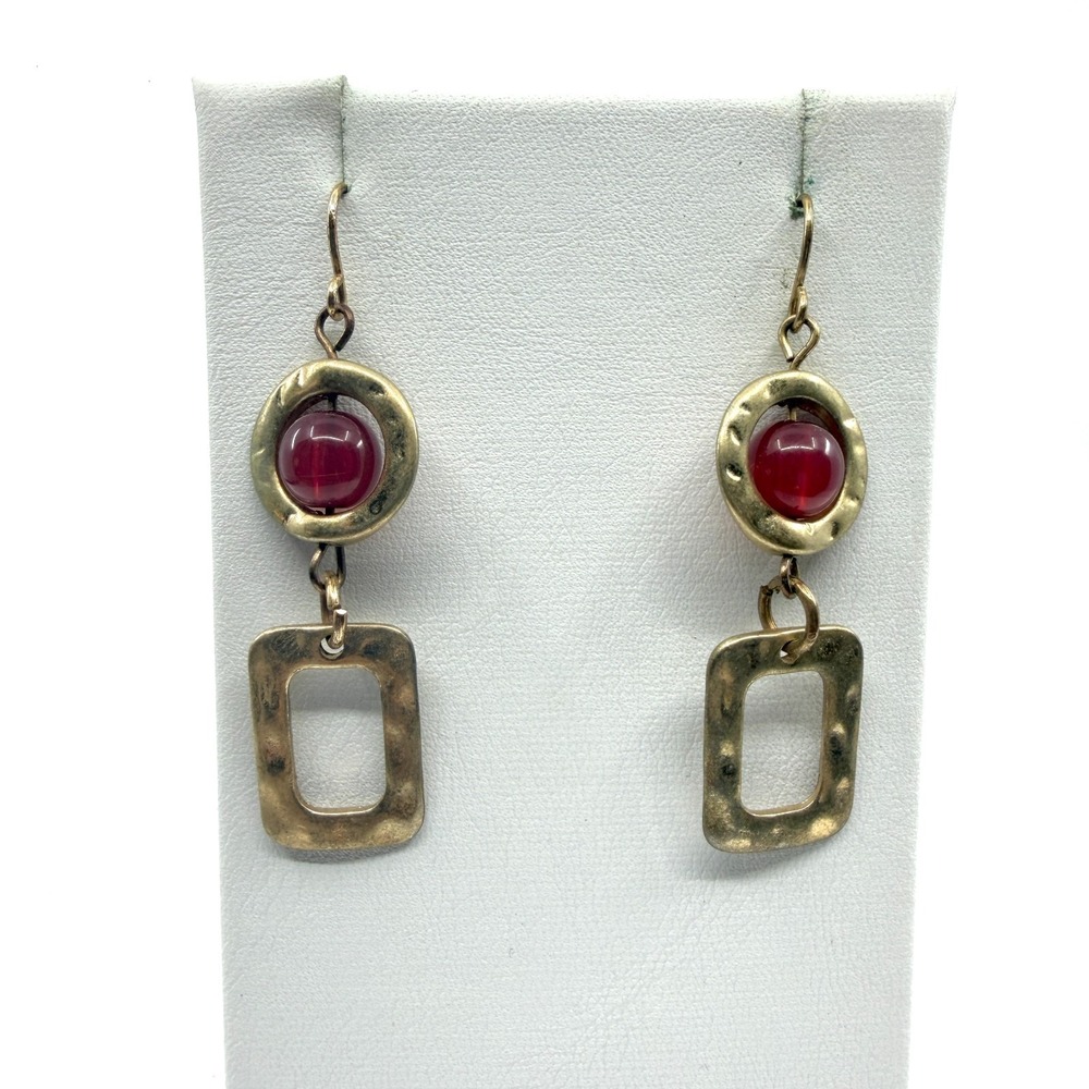 Gold Tone Red Bead Dangle Earrings Hammered Geometric Boho Statement